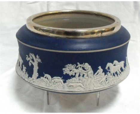 An Adams blue Jasper Ware bowl, decorated hunting scene, with silver plated mount 24.5cm diameter 