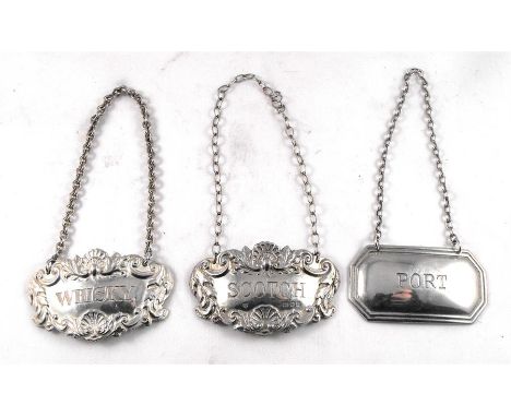 Three silver decanter labels, Whisky, Scotch,and Port 