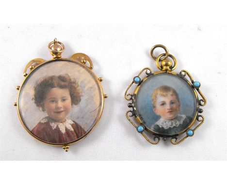 A 9ct gold framed portrait miniature pendant and a gilt metal similar set with blue stones (2)