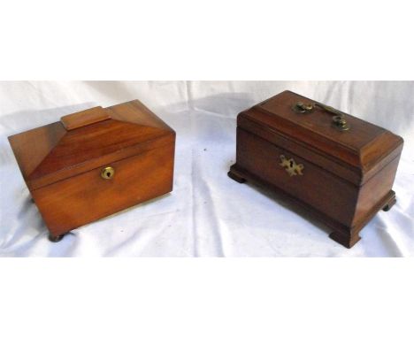 A 19thC sarcophagus mahogany two division tea caddy and another mahogany tea caddy (2)