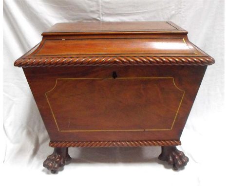 A Willian IV figured mahogany cellarette with sectioned interior and standing on lion paw feet, 56cm x 39cm Condition ReportM