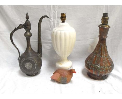 A Turkish jug, decorated birds and flowers, an Eastern Copper vase decorated flowers, a Wedgwood table lamp and other items (