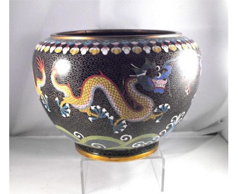 A Chinese Cloisonne jardiniere decorated yellow dragons chasing a flaming pearl on a black ground 15cm high