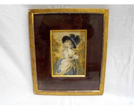 An 18thC portrait of a young woman, after Gainsbourgh, watercolour, 13cm x 18cm 
