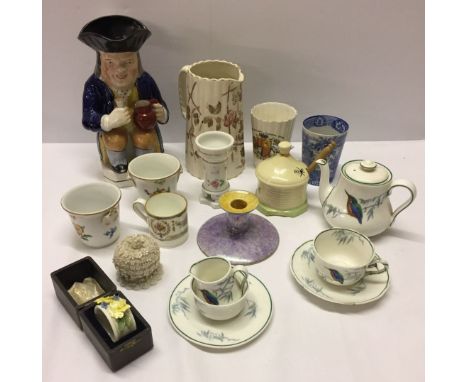 A collection of 19th & 20th century ceramics to include Belleek trinket pot, Royal Doulton Kingfisher tea set for one, toby j