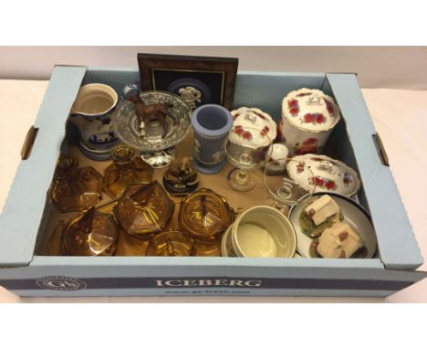 A mixed box of china & glass to include: Royal Doulton foal, Wedgwood Jasperware and Vintage Babycham glasses.