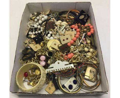 A box of modern and vintage costume jewellery plus badges, watches and a lighter.