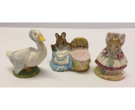 3 Beswick Beatrix Potter figurines Hunca Munca, Rebeccah Puddleduck and The Old Woman Who Lived in a Shoe.