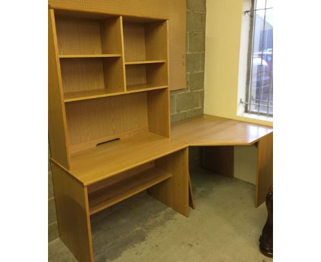 A beech coloured corner office desk & shelf unit originally from John Lewis.
