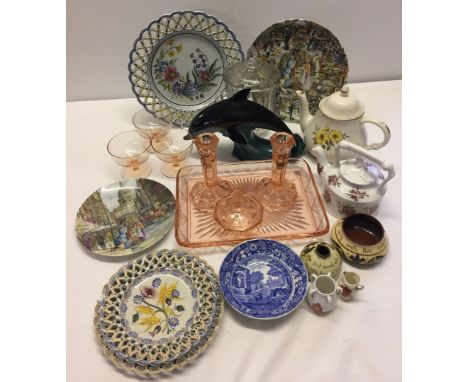 A quantity of mixed china and glass items to include: Poole dolphin, Arthur Woods teapots & Copeland Spode Italian dish.