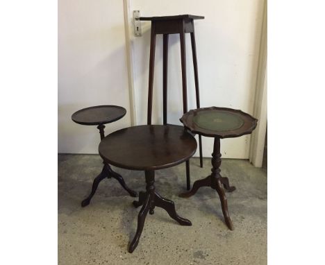 3 small tripod leg wine/occasional tables, one with leatherette insert top, together with a wooden plant stand a/f.