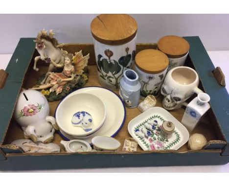 A box of mixed misc ceramics to include Portmeirion 'The Botanic Garden' storage jars, Regency Fine Arts & Royal Worcester.