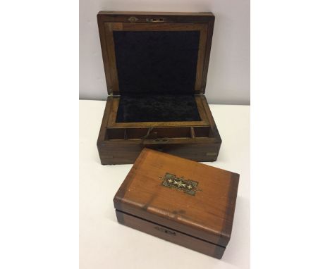 2 vintage wooden writing boxes in need of restoration one with brass inlay detail and one with transfer print.