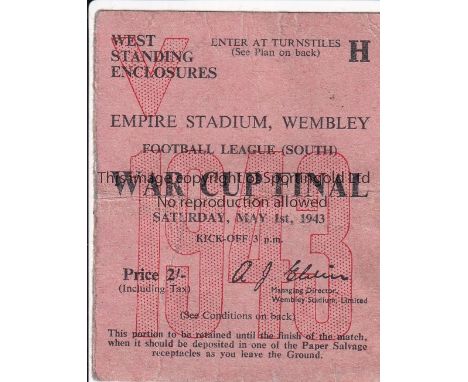 1943 WAR CUP SOUTH   Match ticket for War Cup Final (South), Arsenal v Charlton, 1/5/43, at Wembley,  West Standing, slight c