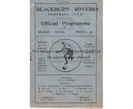 BLACKBURN ROVERS V ARSENAL  1948    Programme for the League match at Blackburn 15/11/1947 in Arsenal's Championship season. 