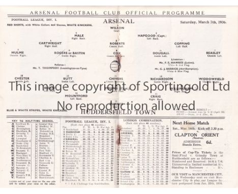 ARSENAL  V HUDDERSFIELD TOWN 1936    Programme for the League match at Arsenal 7/3/1936 which incudes pictures of The Arsenal