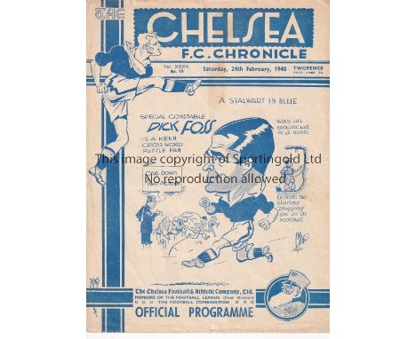 CHELSEA        Home programme v Tottenham  24/2/1940 . War League. 4 Page. Light horizontal fold with small stain. No writing