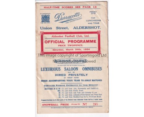 ALDERSHOT    Programme for the home Division 3 match against Bristol Rovers 24/3/1934. No writing. Light staple rust and crea