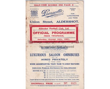 ALDERSHOT    Programme for the home London Combination match against Bournemouth 24/10/1931. Last season as a Non League Club