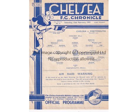 CHELSEA       Home programme v Portsmouth Football League War Cup 15/2/1941. Single sheet. No writing. Light horizontal fold 