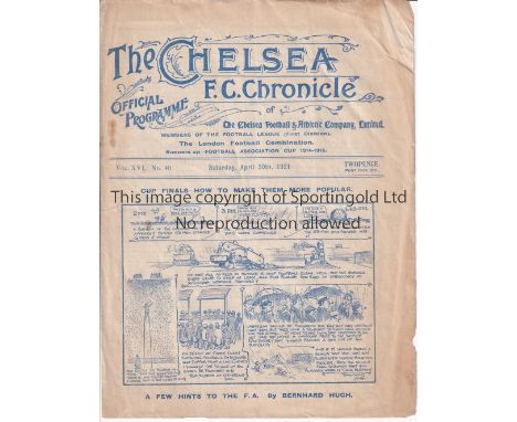 CHELSEA  / BORO   Programme Chelsea v Middlesbrough 30/4/1921. Not ex Bound Volume. Light horizontal fold with some creasing/