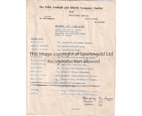 CELTIC     An interesting item of Celtic memorabilia listing the Celtic team with home addresses to play away at Alloa Athlet