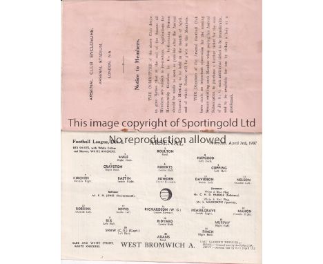 ARSENAL V WEST BROMWICH ALBION 1937    Programme for the League match at Arsenal 3/4/1937 with Season Ticket application form