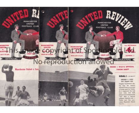 MANCHESTER UNITED     Set of 21 home League programmes for season 1957/8. All have single hole punch at the top left except A