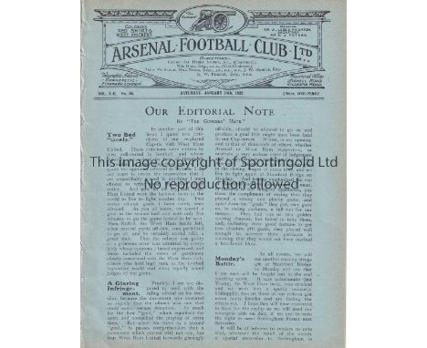 ARSENAL / WEST HAM      Four page programme Arsenal Reserves v West Ham United Reserves 24/1/1925. Blue issue. Ex Bound Volum