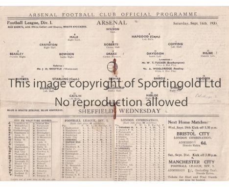 ARSENAL V SHEFFIELD WEDNESDAY 1935   Programme for the League match at Arsenal 14/9/1935 slight horizontal crease.    General