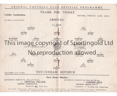 ARSENAL / TOTTENHAM     Programme Arsenal Reserves v Tottenham Hotspur Reserves 23/2/1929. No writing. Generally good