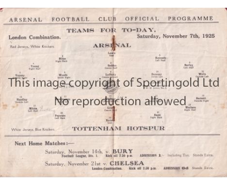 ARSENAL / TOTTENHAM      Programme Arsenal Reserves v Tottenham Hotspur Reserves 7/11/1925. Lacking most of the inside back p