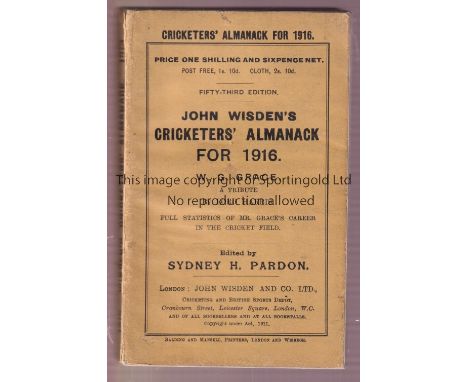 CRICKET WISDEN      Original soft back light brown coloured John Wisden Cricketers' Almanack for 1916. 53rd Edition with an o