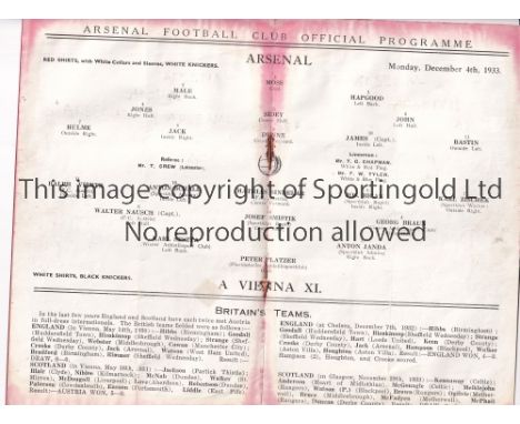 ARSENAL    Home programme for the Friendly v. A Vienna XI 4/12/1933 with red staining around the edges throughout.    Fair