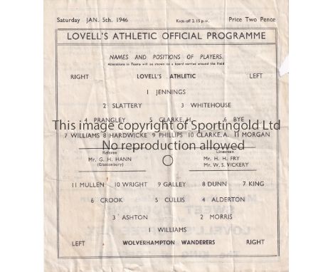 LOVELL' S / WOLVES    Single sheet programme Lovell's Athletic v Wolverhampton Wanderers FA Cup 3rd Round 5th January 1946. S