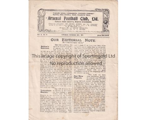 ARSENAL V BOLTON WANDERERS 1921     Programme for the League match at Arsenal 26/11/1921 horizontal crease and very slightly 