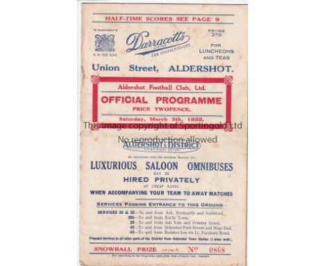 ALDERSHOT    Programme for the home London Combination match against Bath City 5/3/1932. Last season as a Non League Club. Ve