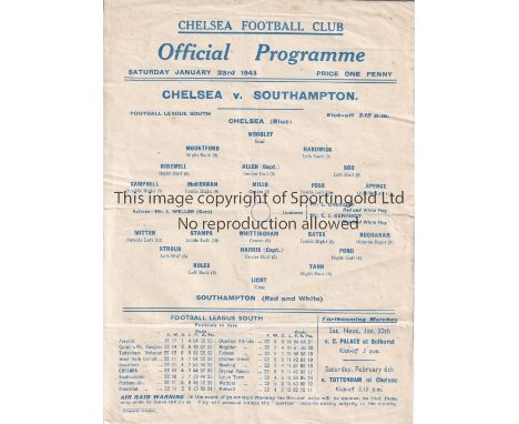 CHELSEA / SOUTHAMPTON    Single sheet programme Chelsea v Southampton 23/1/1943. Very scarce issue. Light horizontal fold. No
