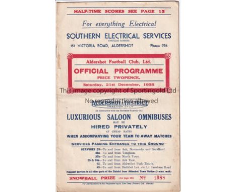 ALDERSHOT    Programme for the home Division 3 match against Gillingham 21/12/1935. Very light foxing at spine. No writing. G
