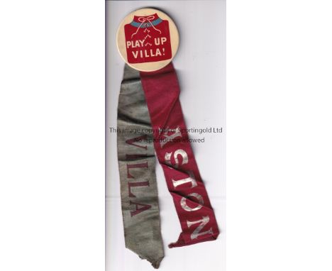 ASTON VILLA     A 1930's button badge with a picture of the tie up neck shirt and Play Up Villa! and 2 ribbons, claret and bl