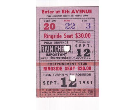 SUGAR RAY ROBINSON V RANDOLPH TURPIN 1951    Ringside Seat ticket for the Polo Grounds in New York, USA 12/9/1951.   Generall