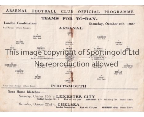 ARSENAL / PORTSMOUTH      Programme Arsenal Reserves v Portsmouth Reserves 8/10/1927. Rusty staples. No writing. Very small p
