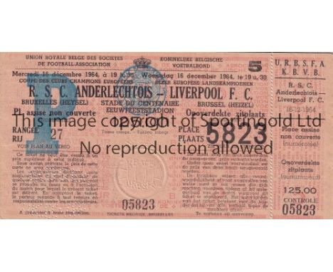 LIVERPOOL Unused ticket for the away European Cup tie v. Anderlecht 16/12/1964. Good
