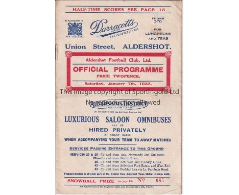 ALDERSHOT    Programme for the home Division 3 match against Crystal Palace 7/1/1933. First season as a League Club. No writi