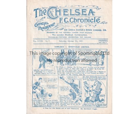 CHELSEA  / SHEFF UNITED   Programme Chelsea v Sheffield United 7/10/1922. Not ex Bound Volume. Light horizontal fold. No writ