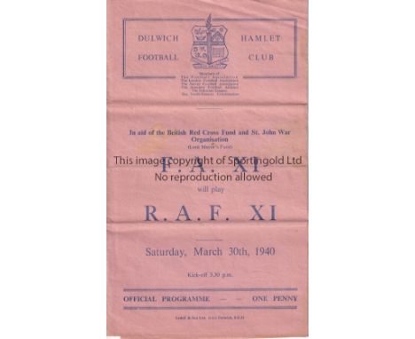 FA /RAF    Gatefold programme FA X1 v RAF X1 30/3/1940 at Dulwich Hamlet. The FA X1 included Mapson ( Sunderland ), Hapgood (
