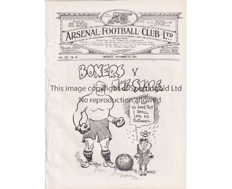 ARSENAL       Four page programme Boxers v The Stage at Highbury 6/11/1924. Ex Bound Volume. No writing. Generally good      
