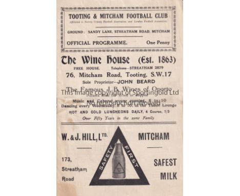 TOOTING / PARK ROYAL     Programme Tooting &amp; Mitcham v Park Royal London League 24/11/1934. Light staple rust. Some foxin