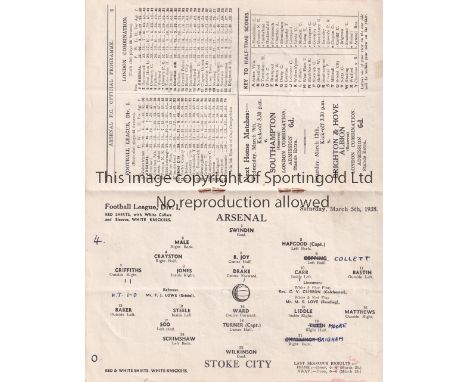 ARSENAL  V STOKE CITY 1938    Programme for the League match at Arsenal 5/3/1938, very slight vertical crease and team change