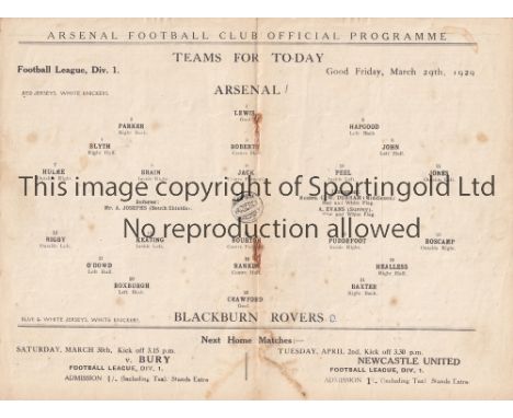 ARSENAL V BLACKBURN ROVERS 1929     Programme for the League match at Arsenal 29/3/1929, very slightly marked and staples rus
